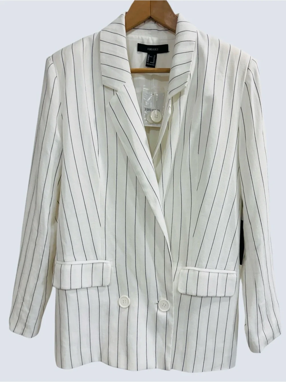 Forever 21 White Pinstripe Double Breasted Blazer Jacket Shawl Collar Size XS